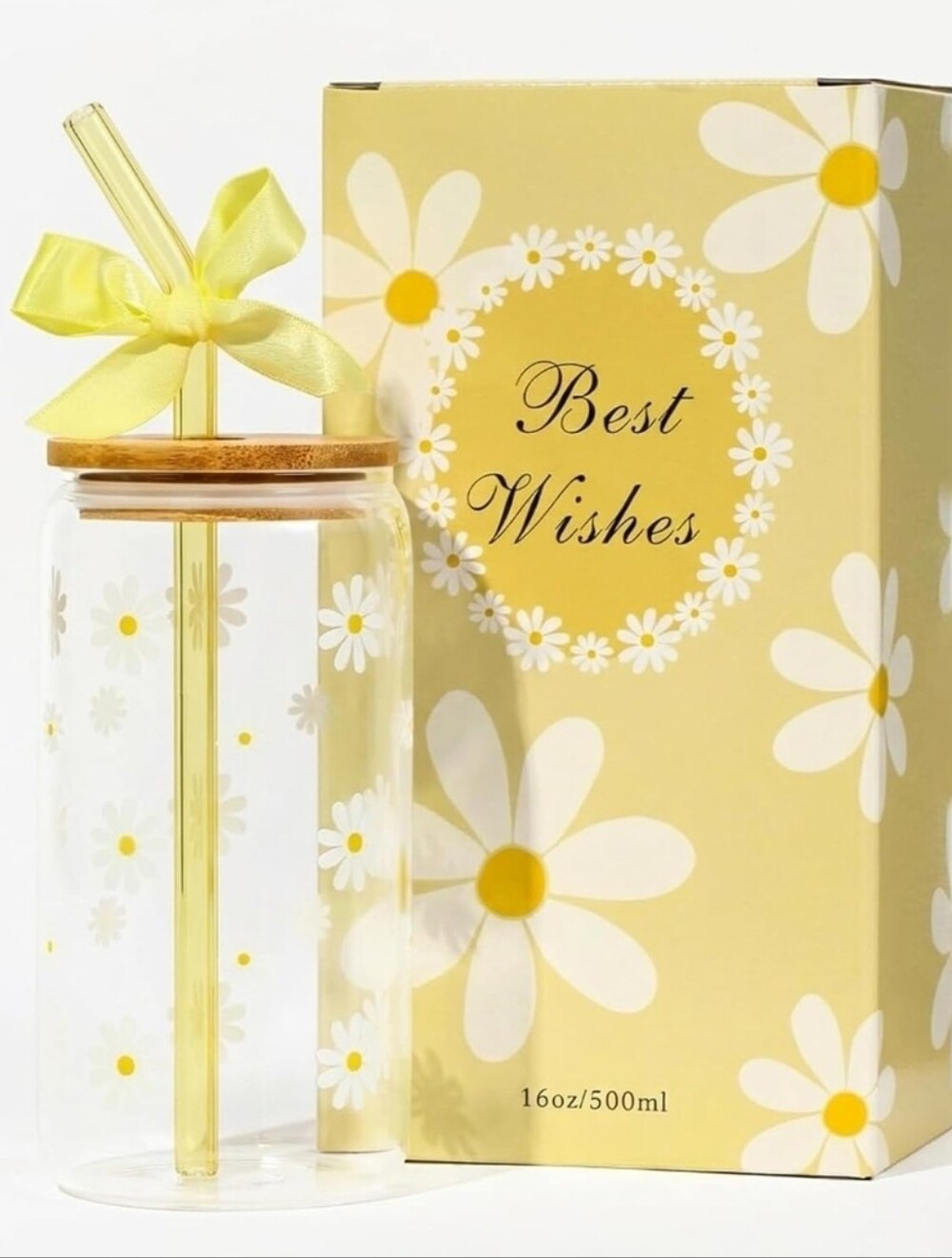 Glass Cups with Lid Straw, Daisy Coffee Cup Yellow Aesthetic Mug